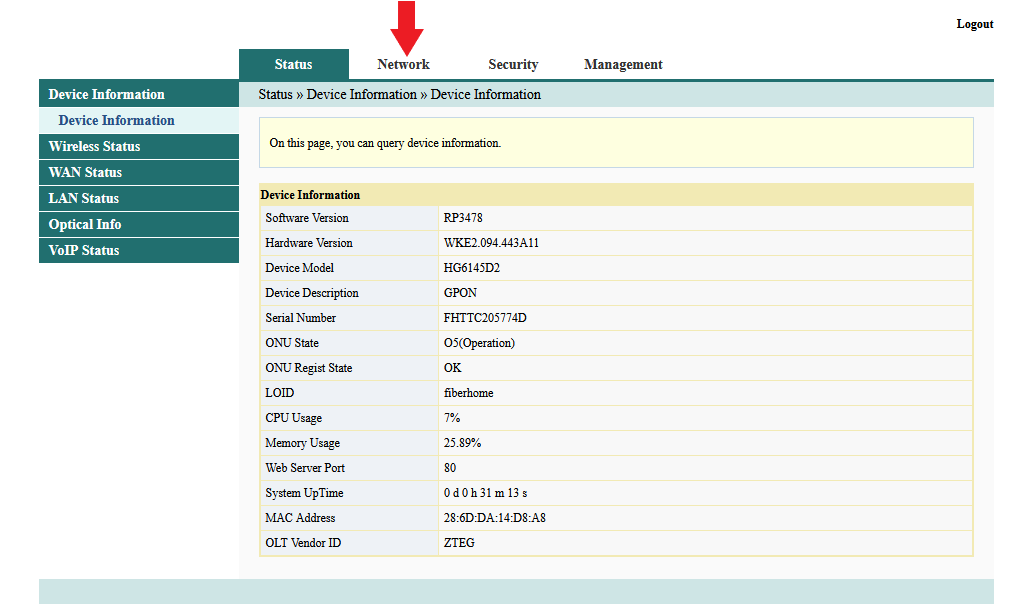 Dashboard utama FiberHome